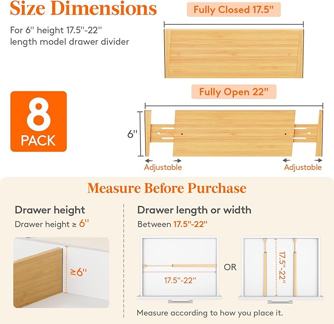 Lifewit 6" High 8 Pack Bamboo Drawer Dividers 45-55cm/17.5-22" Adjustable Wooden Drawer Organizer for Clothes/Utensils, Expandable Drawer Separator for Dresser/Kitchen/Bedroom/Office Organization