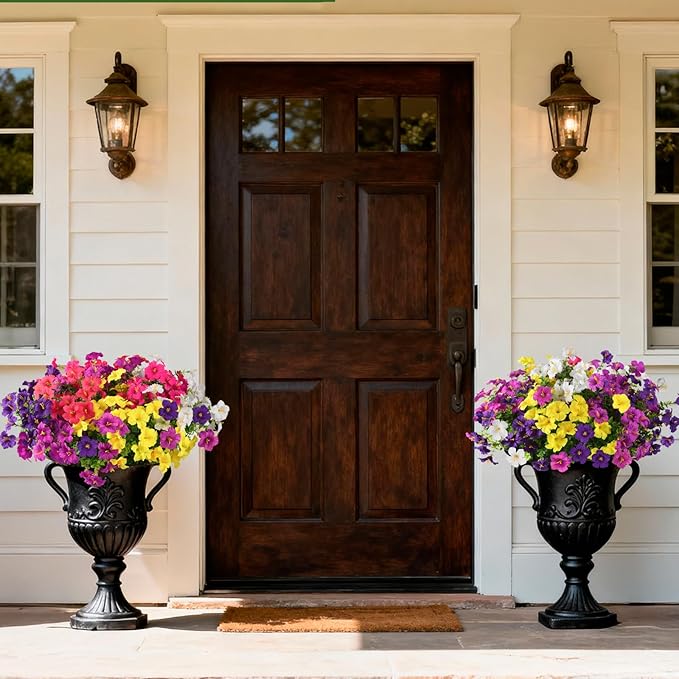 INQCMY Artificial Fake Flowers for Outdoor Spring Decoration,12 Bundles Faux Silk Colorful Morning Glory with Eucalyptus UV Resistant Realistic Fake Plants for Outside Planter Porch Patio Yard Garden