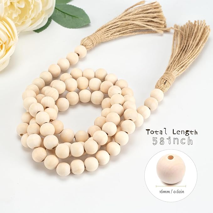 58in Wood Bead with Tassels – Boho Farmhouse Decor for Wall, Vase, Tray – Handmade Wooden Beads Home Decor