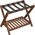 SONGMICS Solid Wood Luggage Rack, No Assembly Required, Foldable Suitcase Stand, Luggage Holder, with Storage Shelf, for Guest Room, Hotel, Bedroom, Coffee Brown URLR020K02
