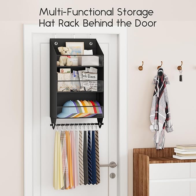 Over the Door Hat Rack - 3-Layer Design Hat Organizer Holds 30-36 Hats with 10 Hooks, Ideal Hat Rack for Door, Over the Door Organizer for Closet, Apartment, Bedroom, Dorm, 1 Pack, Black