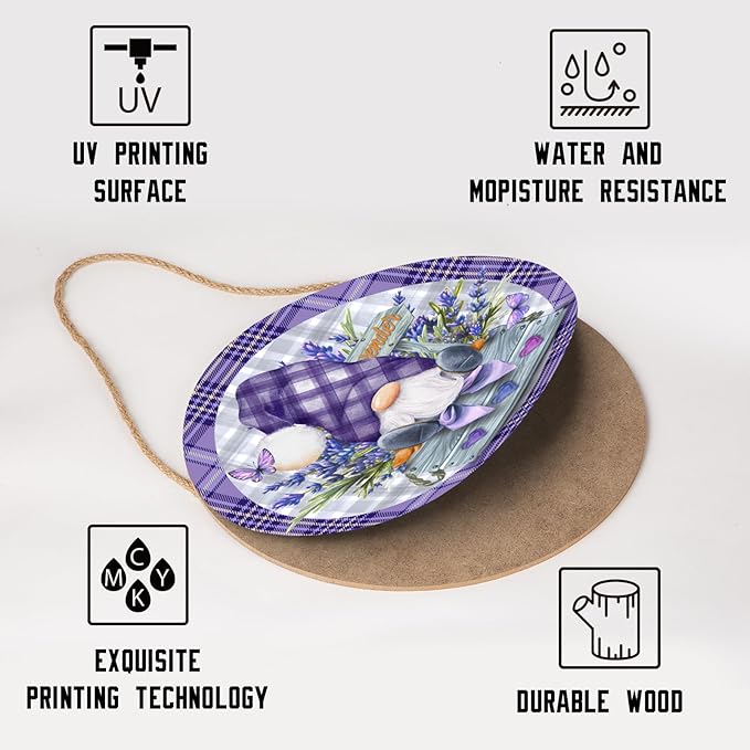 Spring Summer Gnome Lavender Flower Sign for Front Door 12"x12" Purple Floral Buffalo Plaid Wood Door Hanger for Outdoor Outside Porch Spring Summer Farmhouse Wooden Wreath for Wall Porch Yard