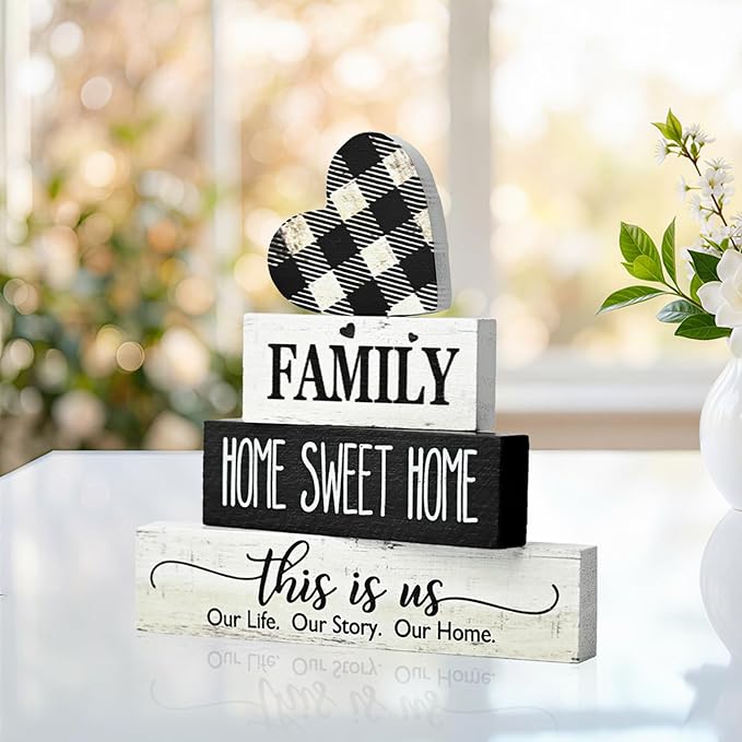 Smile 4 Pcs Family Wooden Tabletop Decor Home Sweet Home Tiered Tray Decoration, Rustic Retro Neutral Wood Heart-Shaped Block Sign, Suitable for Home Shelves Fireplace Mantels