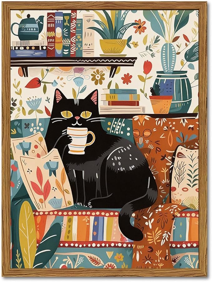 Framed Funny Black Cat Canvas Wall Art, Cute Cat Drinking Coffee on Sofa Pictures Wall Decor, Eclectic Animal Paintings Prints Boho Home Decor for Living Room Cafe Kitchen Bar 12x16 inch
