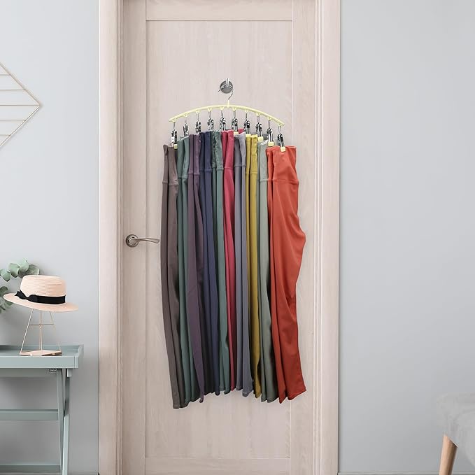 Legging Organizer for Closet, Metal Yoga Pants Hangers 4 Pack w/10 Clips Holds 40 Leggings, Space Saving Hanging Closet Organizer w/Rubber Coated Closet Organizers and Storage, Ivory