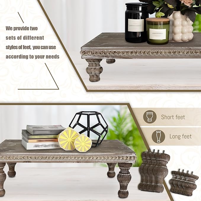 MAONAME Wood Display Risers Decorative Tray, Farmhouse Pedestal Stand for Display Home Decor, Vintage Brown Beaded Wooden Tray for Kitchen Counter, Short and Tall Footed