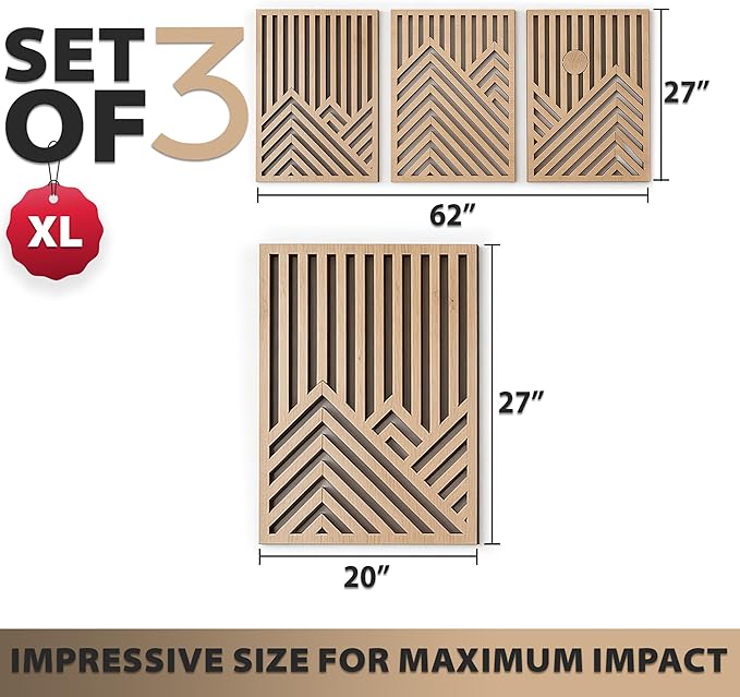 qmmp Modern Wooden Wall Sculptures - Set of 3 - Home Decor Accent - Large Wall Art for Living Room, Bedroom, Office - Easy Installation (Oak, XLarge - Mountain and Sun)