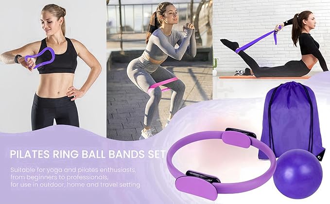 at Home Pilates Kit 13 pcs, Pilates Equipment for Home Workouts, Pilate Accessories Set with 9.8” Ball, 12” Magic Circle Yoga Rings, Resistance Bands, Pilates Essentials Kit for Women Gift