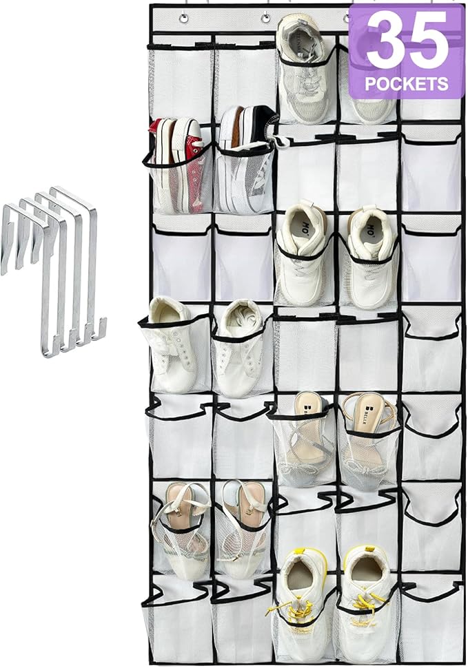 homyfort 35 Large Pocket Over the Door Shoe Organizer, Extra Sturdy Oxford Fabric Hanging Shoe Rack for Door Closet, Wall Mesh Shoe Storage Holder for Mens Women Shoes (White)