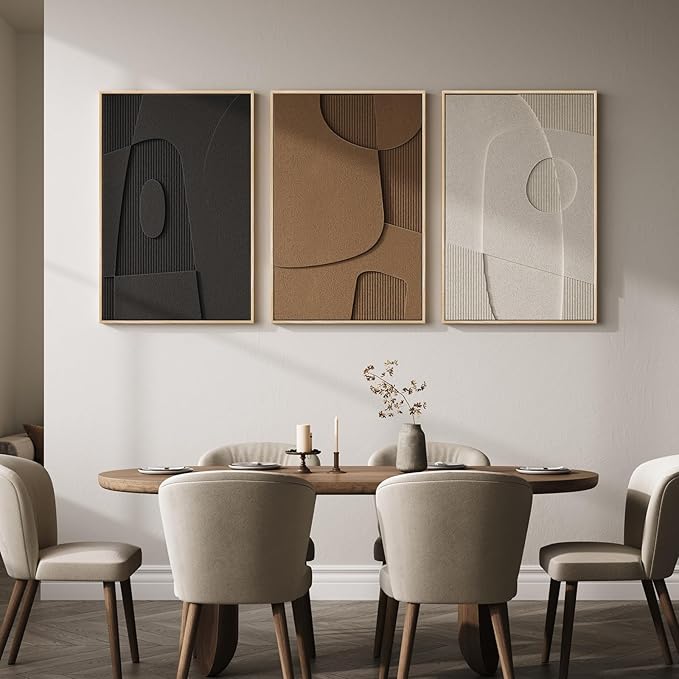 Large 3D Textured Framed Neutral Abstract Wall Art for Living Room, 3 Piece Modern Geometric Paintings Artwork for Walls, Minimalist Black White Brown Pictures for Bedroom Hallway Office Wall Decor, 24x36 In