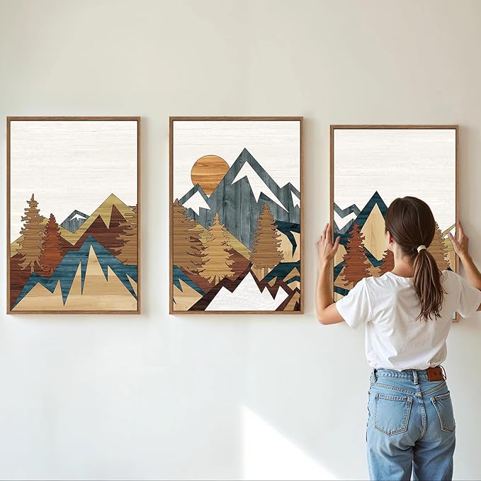 SIGNINART Vintage Mountain Framed Canvas Wall Art, Boho Sunrise Art Prints, Forest Nature Wilderness Art Paintings, Modern Farmhouse Woodcut Style Wall Decor for Living Room Bedroom, Office 16"x24"x3