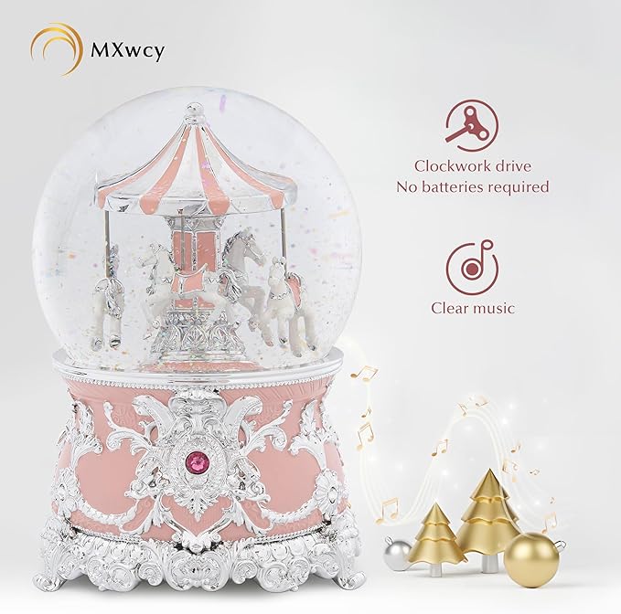 Carousel Music Box Silver Pink Christmas Snow Globes, 7.1" Glass Rotate Carousel Snow Globe for Kids & Adults, Classic Wind up Musical Snow Globe Valentines Day Gifts, Carousel Horse Home Decor