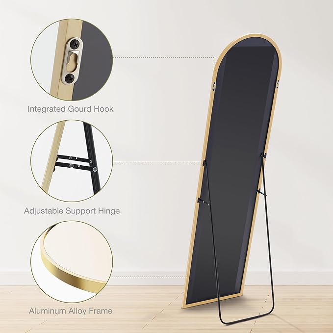 DUMOS 59"x16" Arched Full Length Mirror with Stand, Floor Standing Aluminum Frame, Shatter-Proof Nano Glass for Bedroom, Living Room, Cloakroom – Modern Simple Home DecorHanging or Leaning,Gold