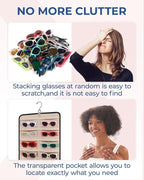 BAGSMART Hanging Jewelry Organizer, Dust Proof Sunglasses Storage Case Wall Mounted, Travel Dual Sided Glasses Case Multiple Pairs, Eyeglasses Holder with 32 Clear Slots & Metal Hook, Black