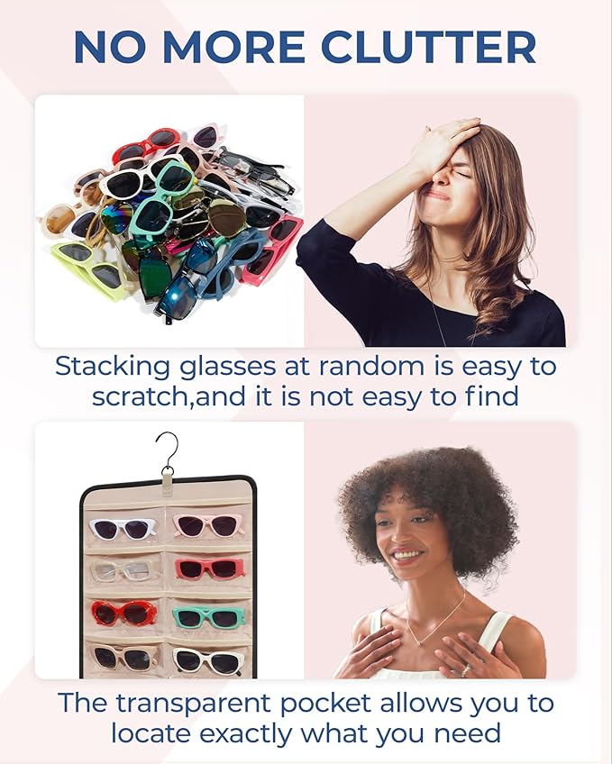 BAGSMART Hanging Jewelry Organizer, Dust Proof Sunglasses Storage Case Wall Mounted, Travel Dual Sided Glasses Case Multiple Pairs, Eyeglasses Holder with 32 Clear Slots & Metal Hook, Black