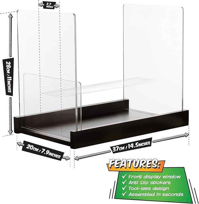 Patented Comic Book Storage Holder – Wooden & Acrylic Display Box/Case for Collectors – Organizer for Comics, Magazines & Books – Holds 150 Issues, 14.5x8 in (Black)