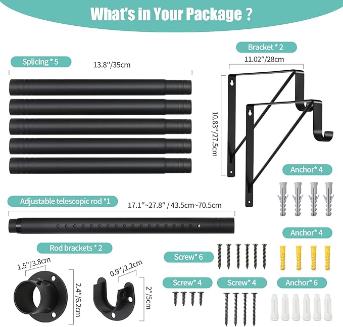 1.3 Inches Closet Rod, 17 to 87 Inch Clothes Rods Heavy Duty Closet Pole for Hanging Clothes and Clothes Poles Bracket Closet Rod Support (The Shelf NOT Included) (Black)