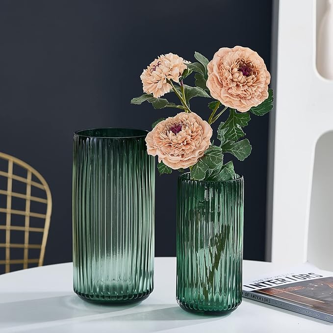 Flower Vase 9.7 inch Green Thickened Hand Blow Glass Vase Round Vintage Striped Bottles for Bookshelf,Dinner Table,Indoor Office Desktop,Meeting Room,Bathroom,Countertop,Home