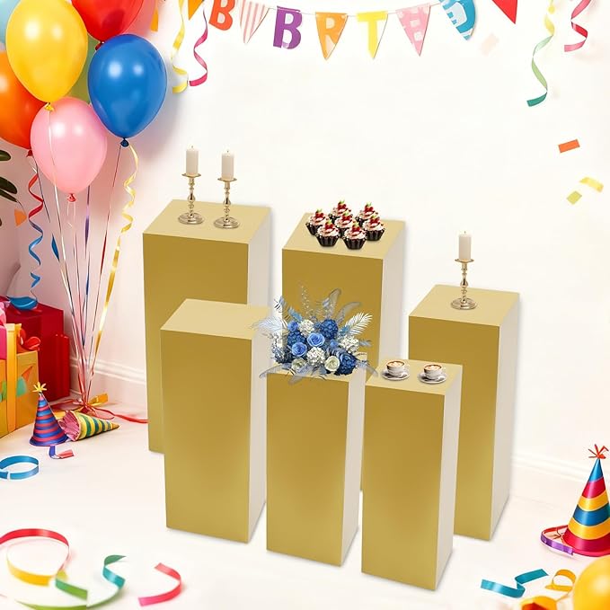 6 PCS Display Pedestal Stand, Metal Display Pedestal Stands Decoration Cube Sculpture Displays Column Square Displays Stands Pillars for Wedding Party Baby Shower Birthday (Gold, 6PCS)