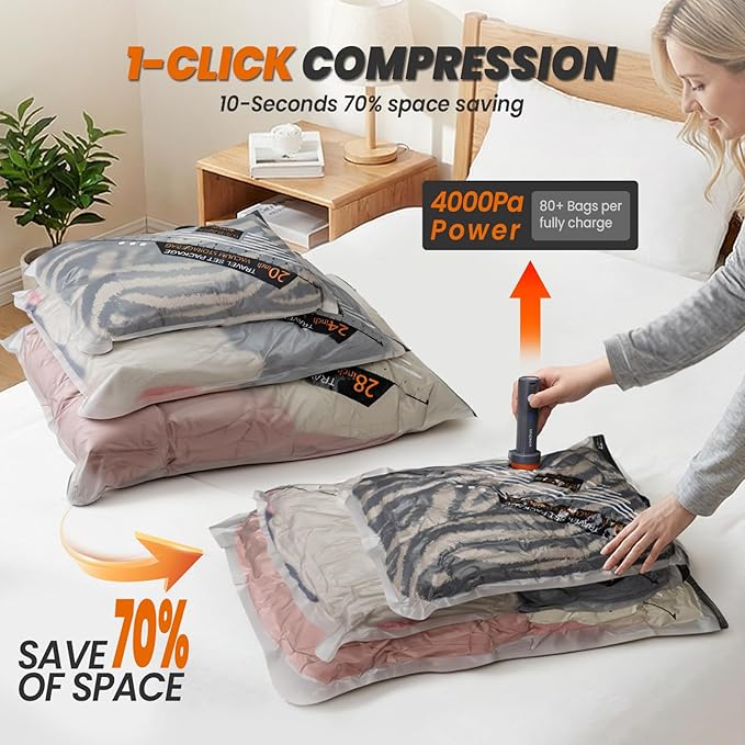 12 PCS Travel Vacuum Bags with Pump, Space Saver Vacuum Storage Bags Travel Pack Vacuum Kit with Wireless Electric Pump for Luggage Blankets Clothes, 6-20 inch, 4-24inch, 2-28inch
