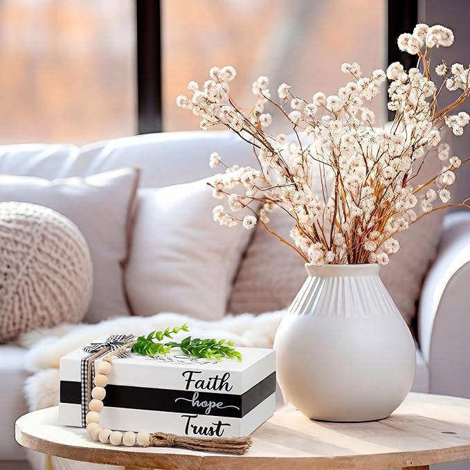 Capoda 3 Pcs Decorative Books for Home Decor Farmhouse Faux Stacked Books Wooden Rustic Table Decor with Bead Garland Twine Ribbon Faux Leaf for Table (Faith)