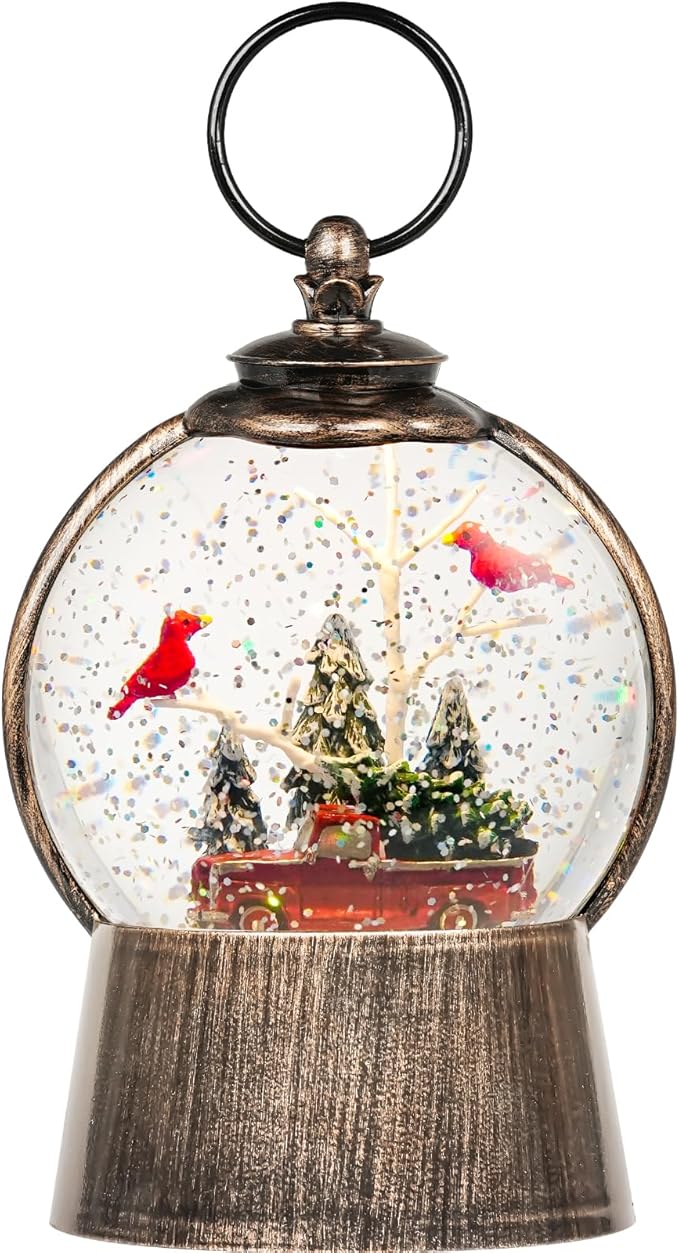 Christmas Snow Globe Lantern with Timer Cardinals Christmas Tree Truck Lighted Music Snow Globes, USB & Batteries Powered Holiday Glitter Globe for Xmas Indoor Decoration and Cardinal Gifts