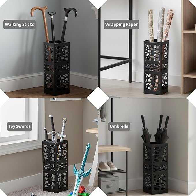 ZENFUN Metal Umbrella Holder Stand for Entryway, Square Umbrella Organizer, Walking Sticks Storage Bin Freestanding for Home, Office, Hotel, Black, 5.9 x 5.9 x 15.7 Inches