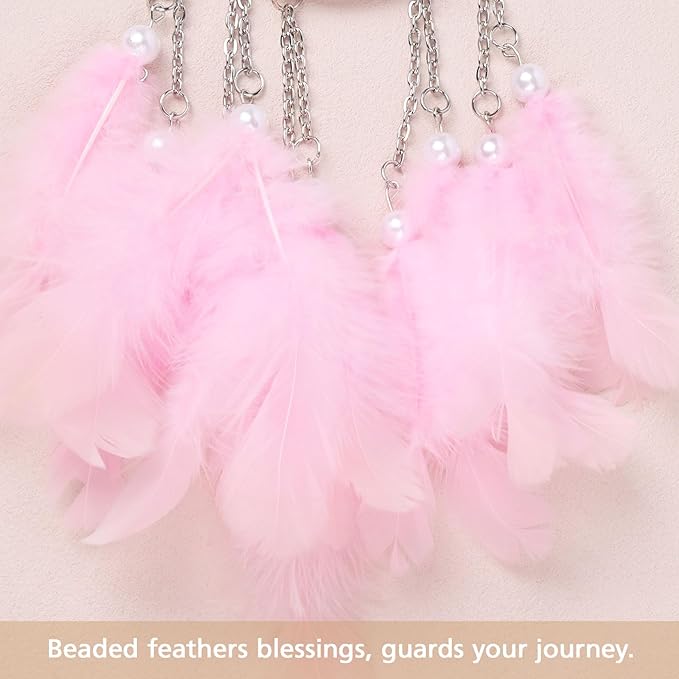 Pretty Jolly Crystal Stone Small Dream Catchers Pink Feathers Mini Dreamcatchers with Beads for Car Rear View Mirror Hanging Decoration Good Luck Travel Charm Little Bedroom Ornaments for Women Girls