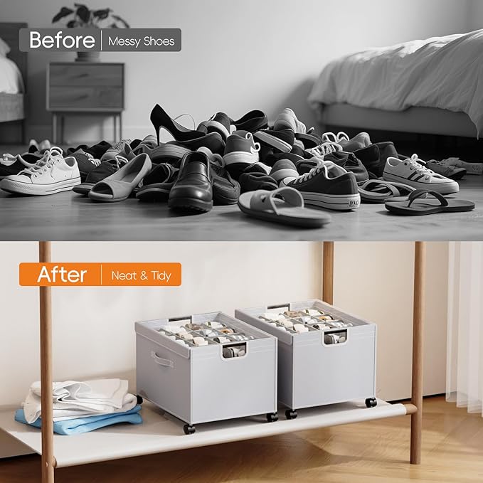 HOUSE AGAIN Shoe Organizer for Closet, 2 Pack Foldable Shoe Storage Organizer Box with Wheels and Adjustable Dividers, Sturdy Metal Frame Fits up to 16-32 Pairs, Large Shoes Storage with Clear Cover