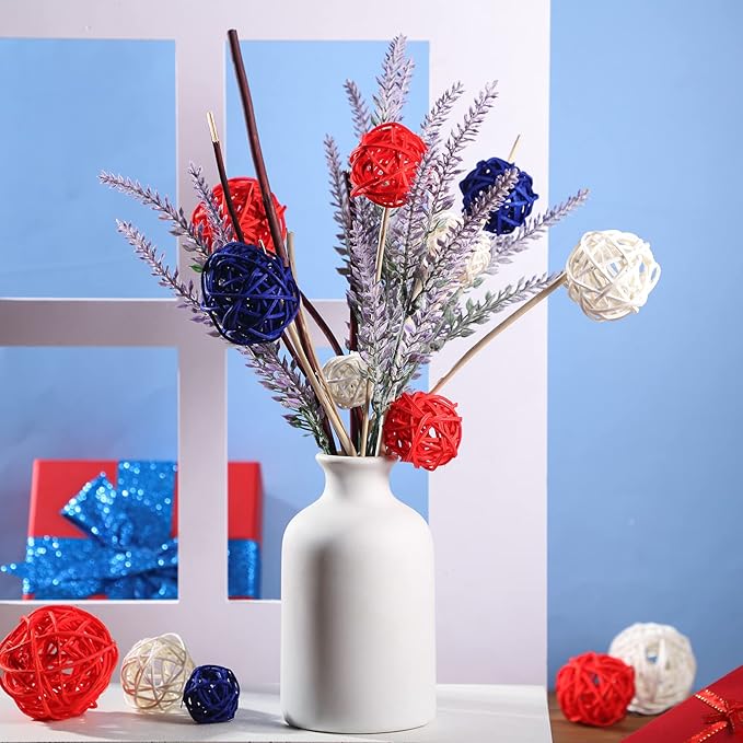 Patelai 36 Pcs Wicker Rattan Balls Decorative Balls for Vase Centerpiece Bowls Orbs Filler for Home Decor,4 Sizes(Royal Blue, White, Red,2.4'',2'',1.6'',1.2'')