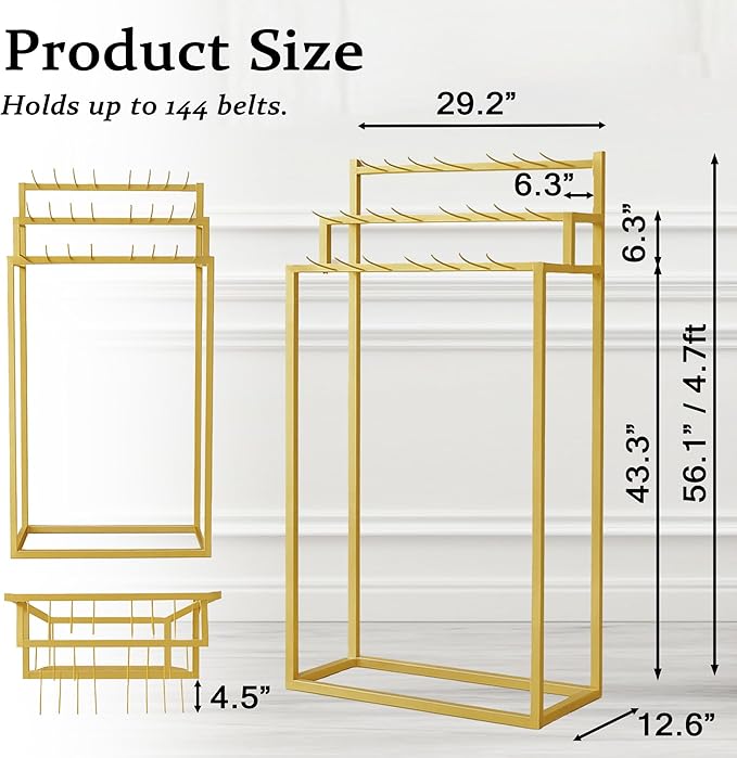 Retail Belt Display Stand,Floor Mounted Belt Hanger, Metal Men Belt Organizer,Commercial Tie Scarf Purse Display for Clothing Retail and Home (Gold)