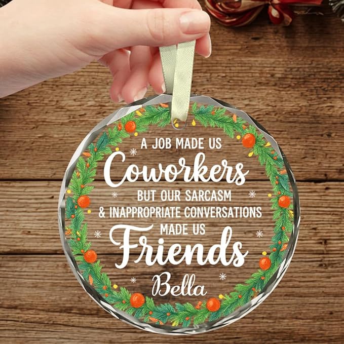 BSQUIELE Personalized Coworkers Glass Ornament 2025 - Friendship Gift for Work Bestie, Work Friends, Best Friends - Funny Coworker Appreciation Keepsake - Unique Xmas Tree Hanging Decoration