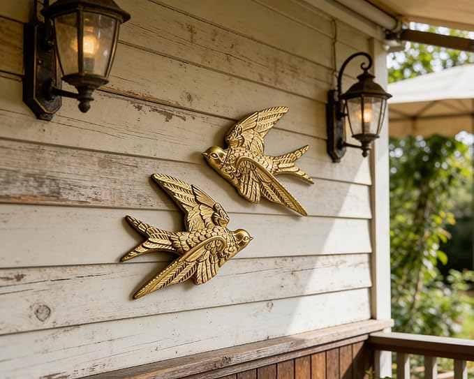 AMOIENSIS Golden Bird Wall Sculpture Art, (Set of 2) 4¾ inch Resin Bird 3D Sculpted Floating Hanging Wall Sculpture Decoration
