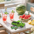Watermelon Decor Mini Vintage Green Metal Pickup Truck with 6 Realistic Resin Mini Watermelons, Rustic Farmhouse Tiered Tray Decor for Kitchen Table, Happy Summer Party Home Decoration