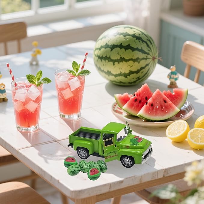 Watermelon Decor Mini Vintage Green Metal Pickup Truck with 6 Realistic Resin Mini Watermelons, Rustic Farmhouse Tiered Tray Decor for Kitchen Table, Happy Summer Party Home Decoration