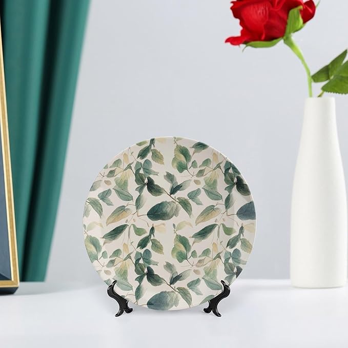 Bone China Decorative Plate Sage Green Eucalyptus Leaves Ceramic Decorative Plates with Display Stand 6inch Handmade Ceramic Ornament Wall Art Decor for Home Kitchen Bedroom Decorative Ornaments