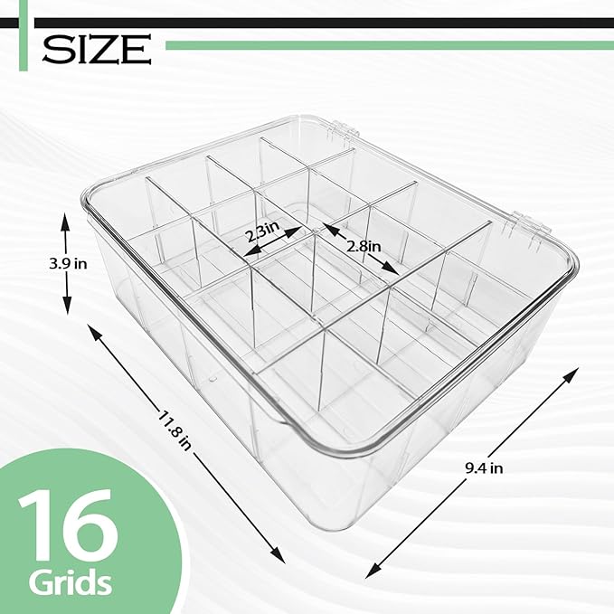 Slomg Sock Underwear Dresser Drawer Organizer with Dividers, Clear 16 Grids Plastic Storage Box Bin with Lid, Small Parts Bead Container for Jewelry Earring Scarves Ties Bras Crafts Fishing Tackle