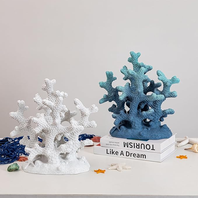 7.1" H Blue Coral Decor, Resin Coral Statue, Nautical Decorations for Home, Bedroom, Bathroom, Living Room, Beach/Coastal/Ocean Themed Cabinet Shelf Tabletop Decor