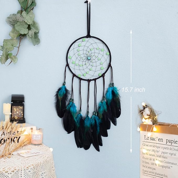 Dream Catchers with Luminous Beads, Handmade Blue Dreamcatcher, Bedroom Decor for Boys Girls Kids Ornament Art Craft Gift