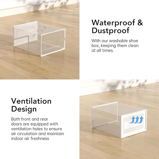 X-Large Shoe Storage Box, 15 Pack Clear Plastic Stackable Shoe Organizer for Closet, Interlocking Design Shoe Container Bins for Sneakers, Foldable Shoe Rack with Lids, White