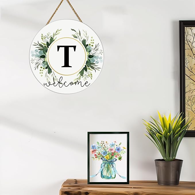 Monogram Letter T Wreaths for Front Door Wreath Wooden Welcome Sign for Front Door Decor Floral Family Last Name Initial House Warming Spring Summer Porch Rustic Wall Home Kitchen Boho Decorations