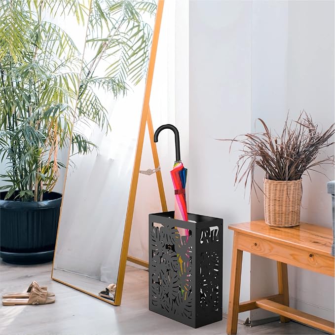 Mango Steam Monstera Umbrella Holder Stand for Home or Office Entryways (Black, Monstera)