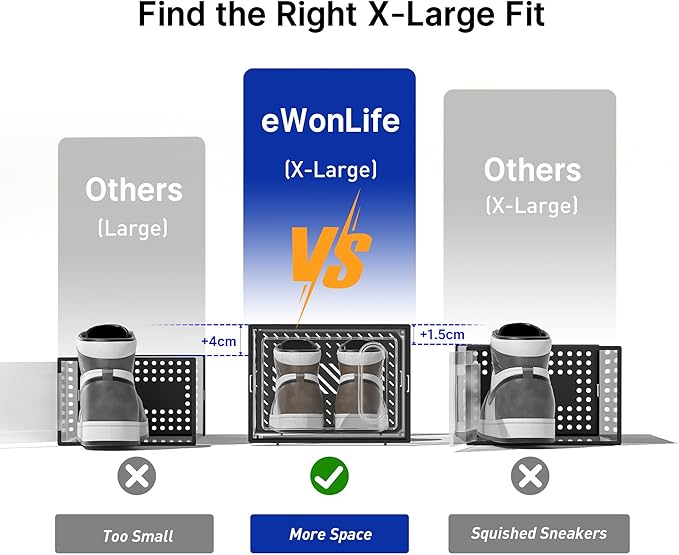 eWonLife Large Shoe Organizer Storage Box with Magnetic Door,12 Pack Clear Plastic Stackable Sneaker Containers for Closet, Connect Left and Right Shoe Box for Entryway, Drop Front, Under Bed (Grey)