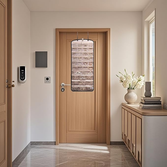 Wome Over the Door Jewelry Organizer Hanging: Double-Sided Storage with 28 Small 2 Large 9 Medium Pockets for Earrings Necklaces Rings Durable Polyester for Door or Closet or Wall or Glass (Black)