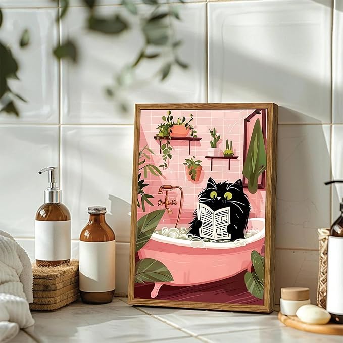 Framed Funny Bathroom Black Cat Canvas Wall Art Set of 2, Cute Cat Reading Newspaper on Toilet Pictures Wall Decor, Humor Animal in Bathtub Paintings Prints for Restroom 16x24 inch
