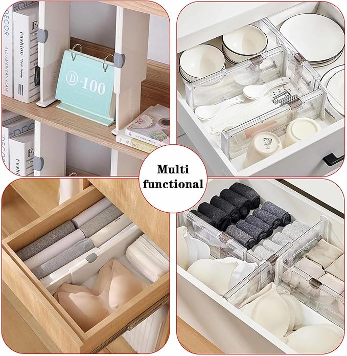 4 Pack Drawer Dividers for Clothes, 3.94" High 11.05"-17.32" Adjustable Expandable Dresser Drawer Organizer, Clear Plastic Separators for Dresser, Baby Clothing, Underwear, Cosmetic