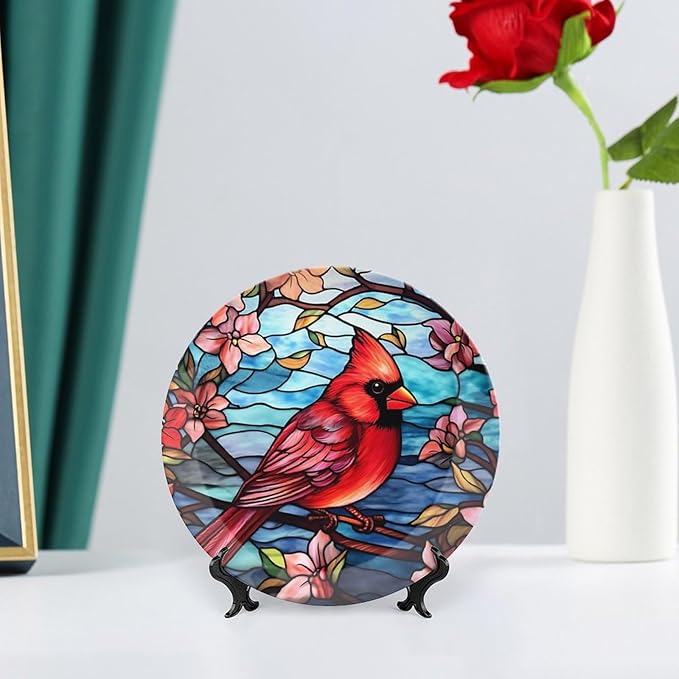 Decorative Plates, Cardinal Bird Colorful Stained Glass Painting Ceramic Dinner Plate Home Wobble-Plate with Display Stand, Wall Hanging Decor for Kitchen Household 6 Inch, Gifts for Loss of Loved