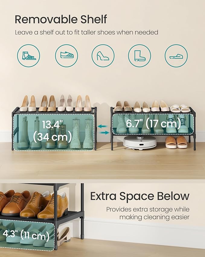 SONGMICS Shoe Rack, 2-Tier Shoe Storage Organizer, Space-Saving, 11.7 x 24.5 x 12.2 Inches, Entryway, Metal Frame, Non-Woven Fabric Shelves, Ink Black ULSH022BH01