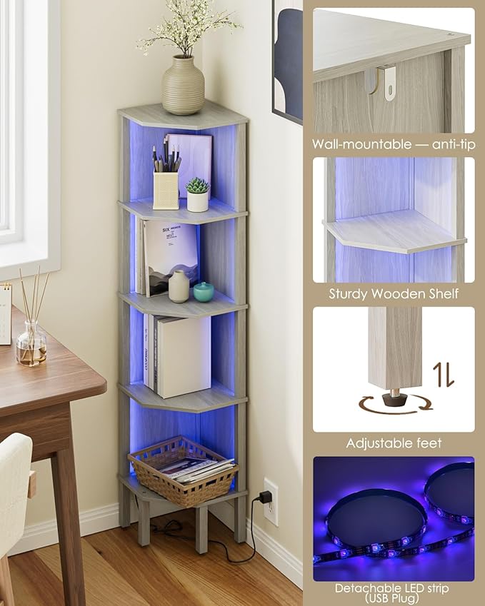 Corner Shelf Stand, 5 Tier Corner Bookshelf,Corner Furniture for Bedroom Display Corner Shelf for Small Space,Wood Shelves with Storage Rack for Living Room,Office,Gray