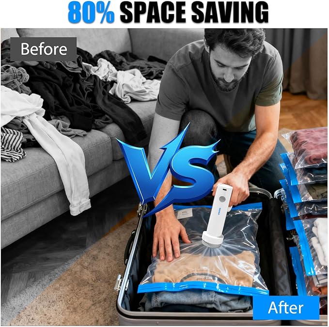 Vacuum Seal Bags for Clothing Travel, 16 Pack Vacuum Storage Bags for Clothes with Portable Electric Pump,4 Small + 4 Medium + 4 Large + 4 Jumbo Space Saver Bags for Luggage Traveling and Clothing